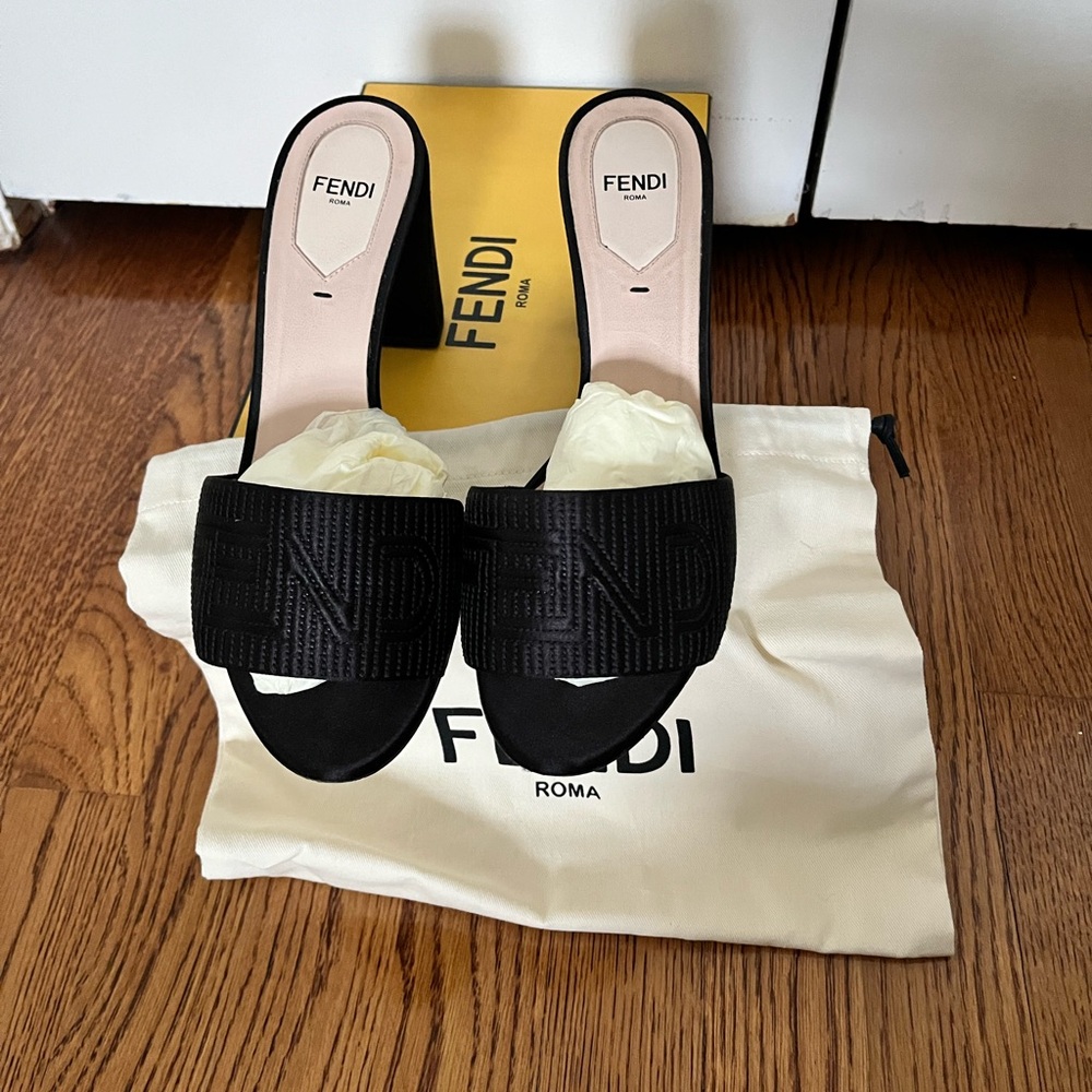 Fendi Black FF Logo Block-Heel Mules